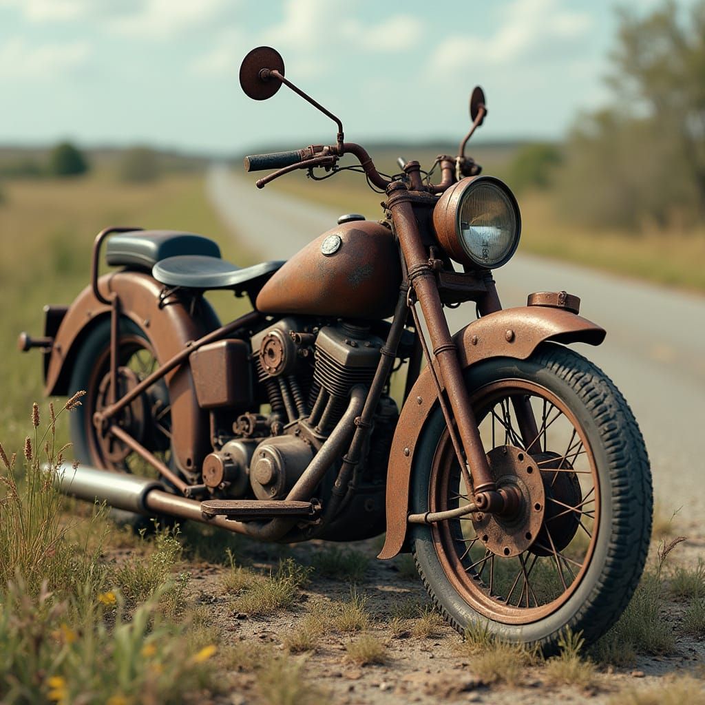 Rusting Motorbike Amidst Decaying Rural Landscape