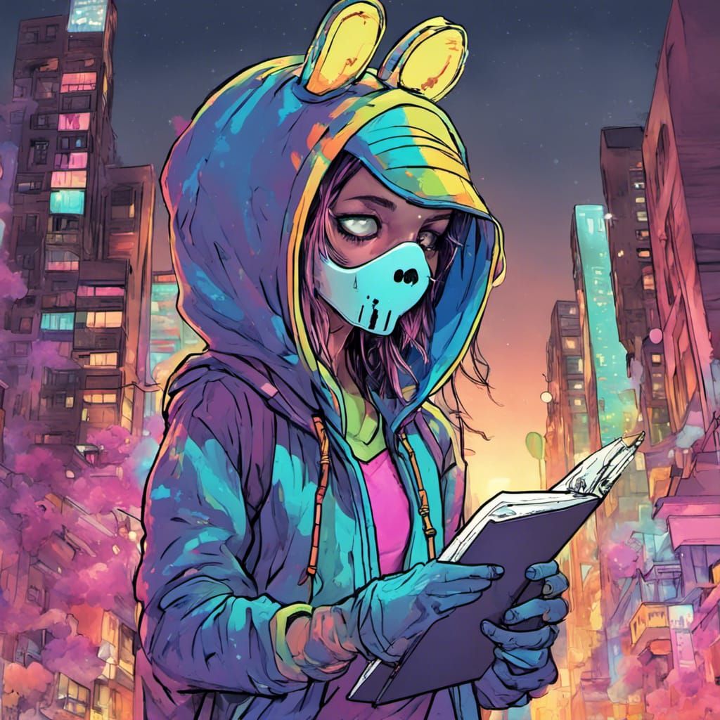 Cyborg Skeleton Girl in Neon City, Hyperrealistic Portrait