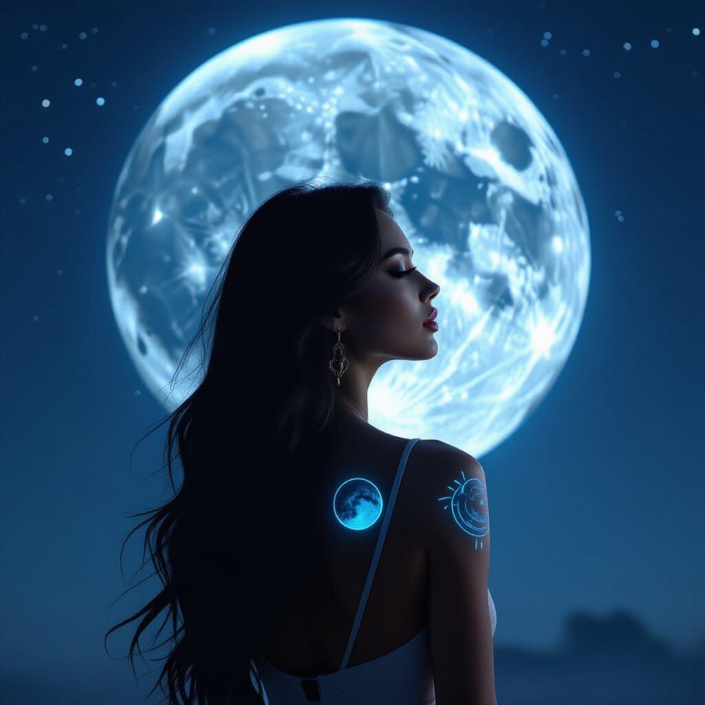 Hyperrealistic Black Cat with Neon Tattoos Watching Moon