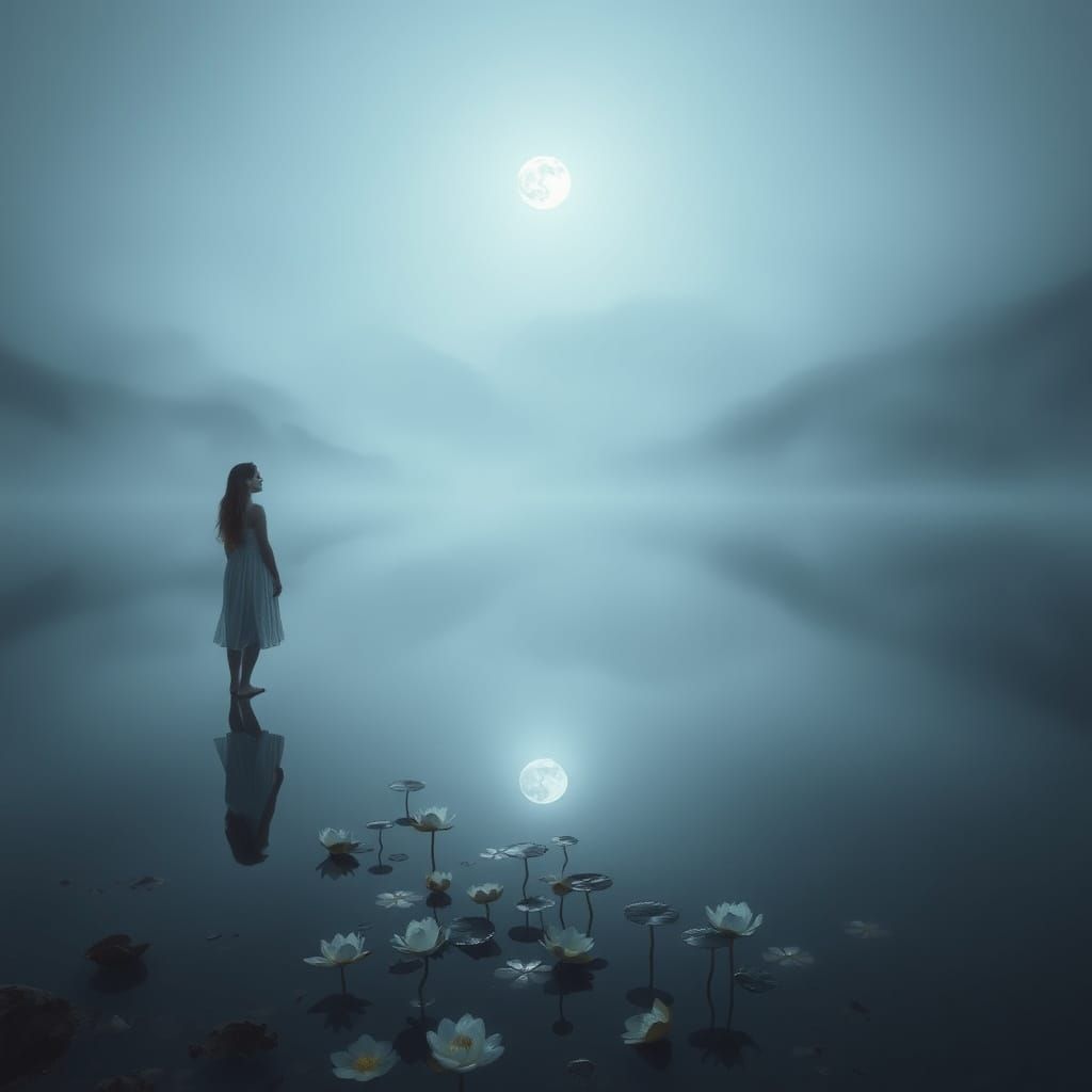 Moonlit Valley Lake in Soft Pastel Hues