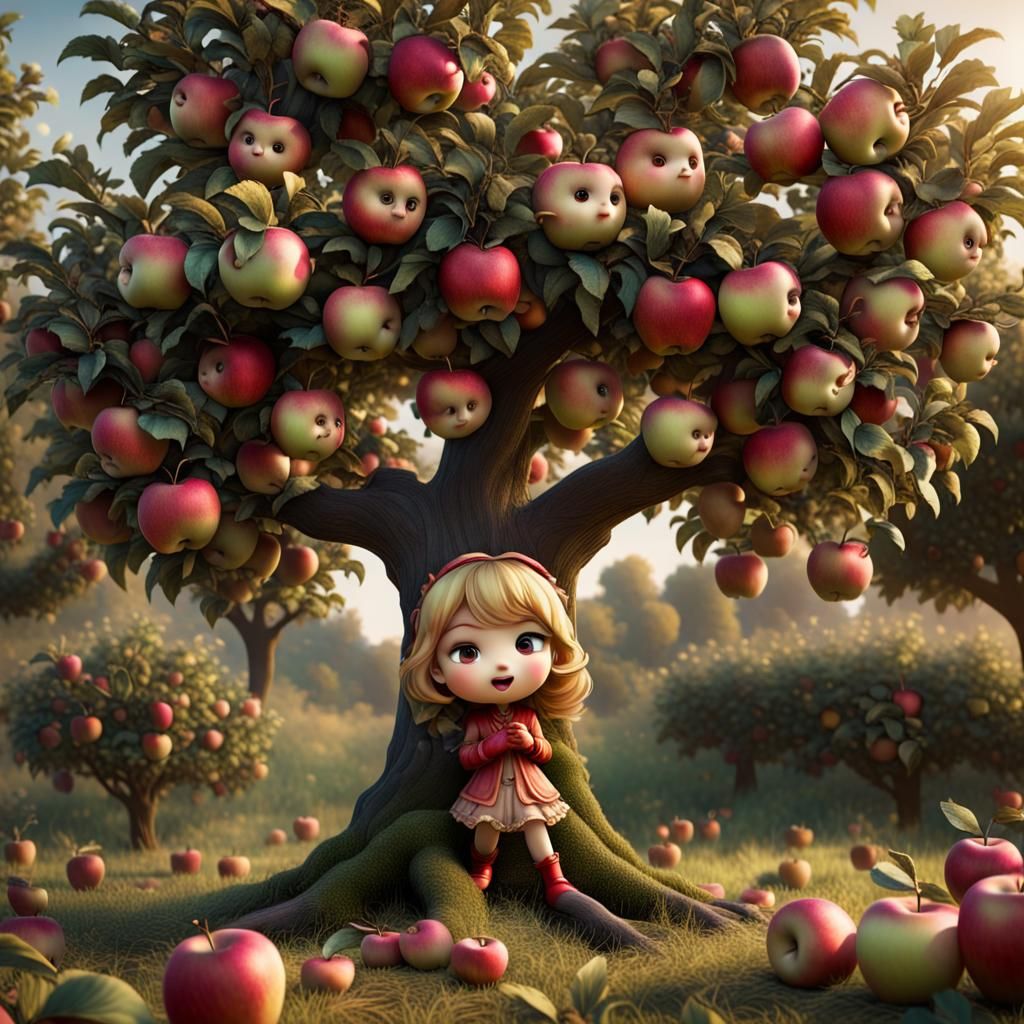 Anthropomorphic Chibi Apples on a Volumetric Lit Tree