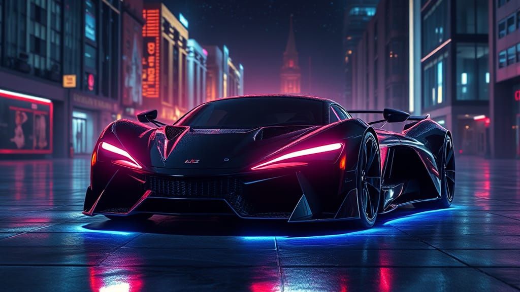 Futuristic Supercar in Neon City, Mixed Media Illustration