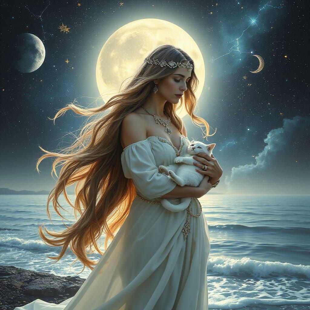 Cosmic Goddess on Moonlit Shore: Matte Painting