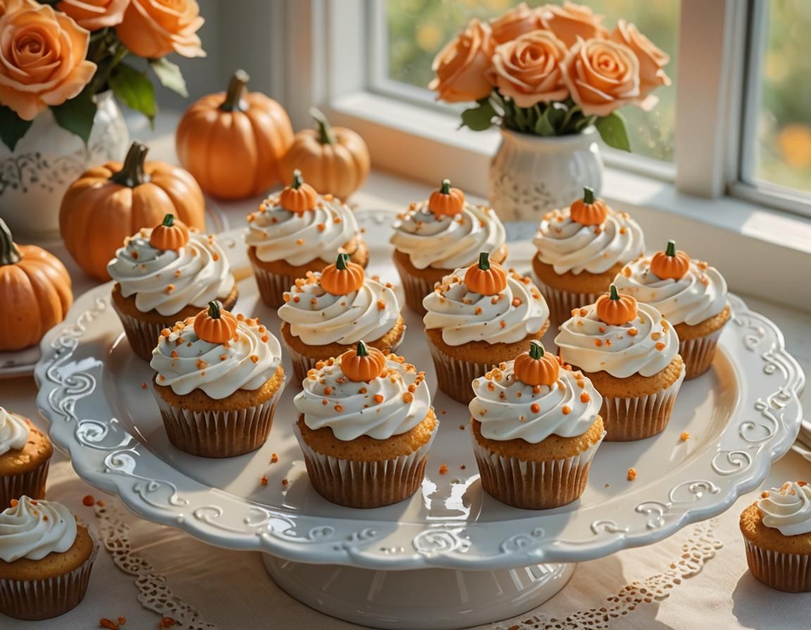 Delicate Pumpkin Cupcakes on Porcelain Platter