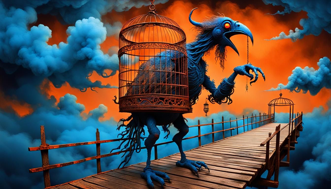 Surreal Demon with Bird Cage on Twisted Bridge