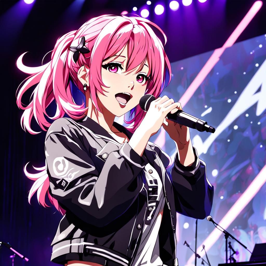Pink-Haired Girl Singing on Stage in Anime Style
