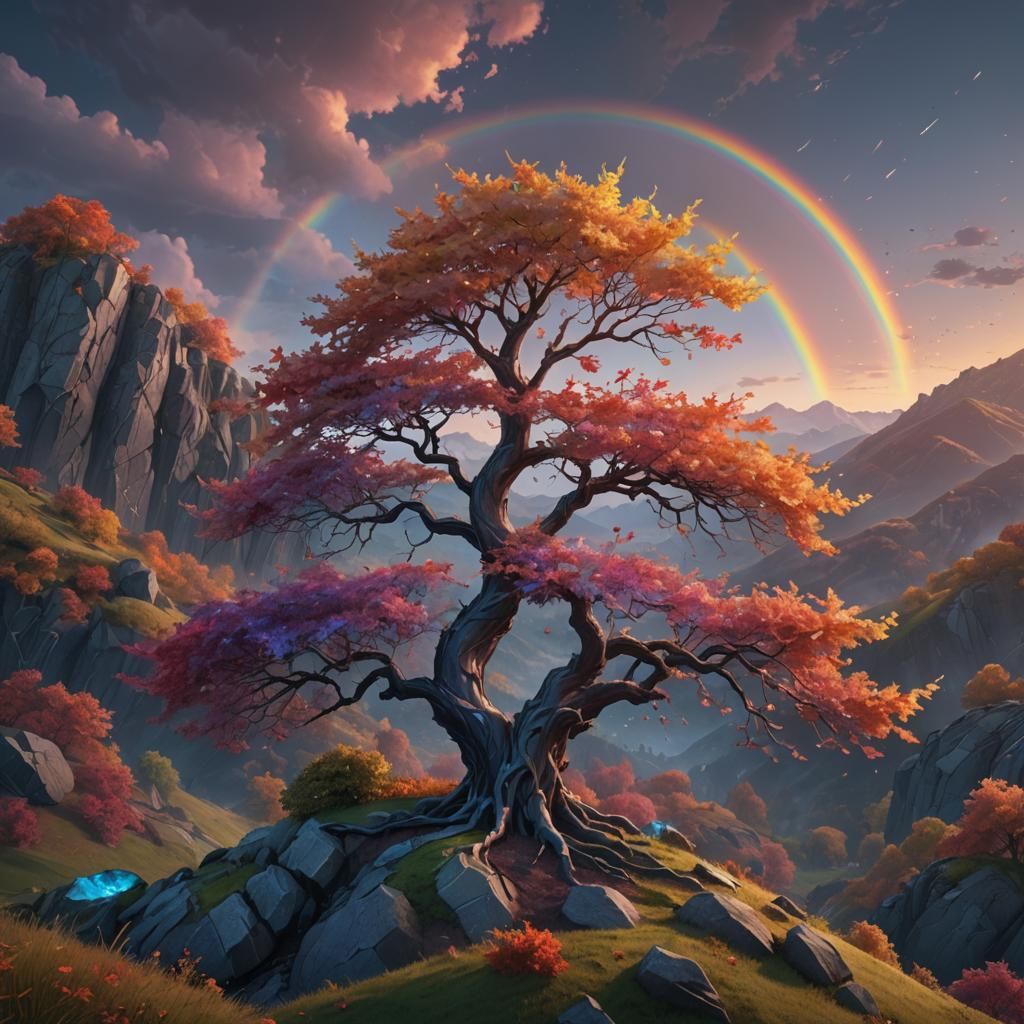 Crystalline Rainbow Maple Tree at Dusk, Fantasy Art
