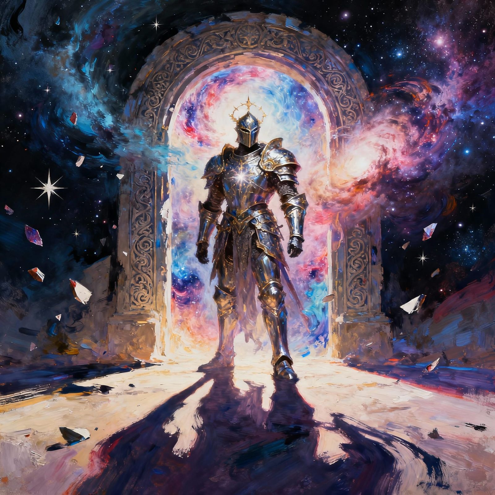 Knight Before Cosmic Gateway in Surreal Fantasy Art
