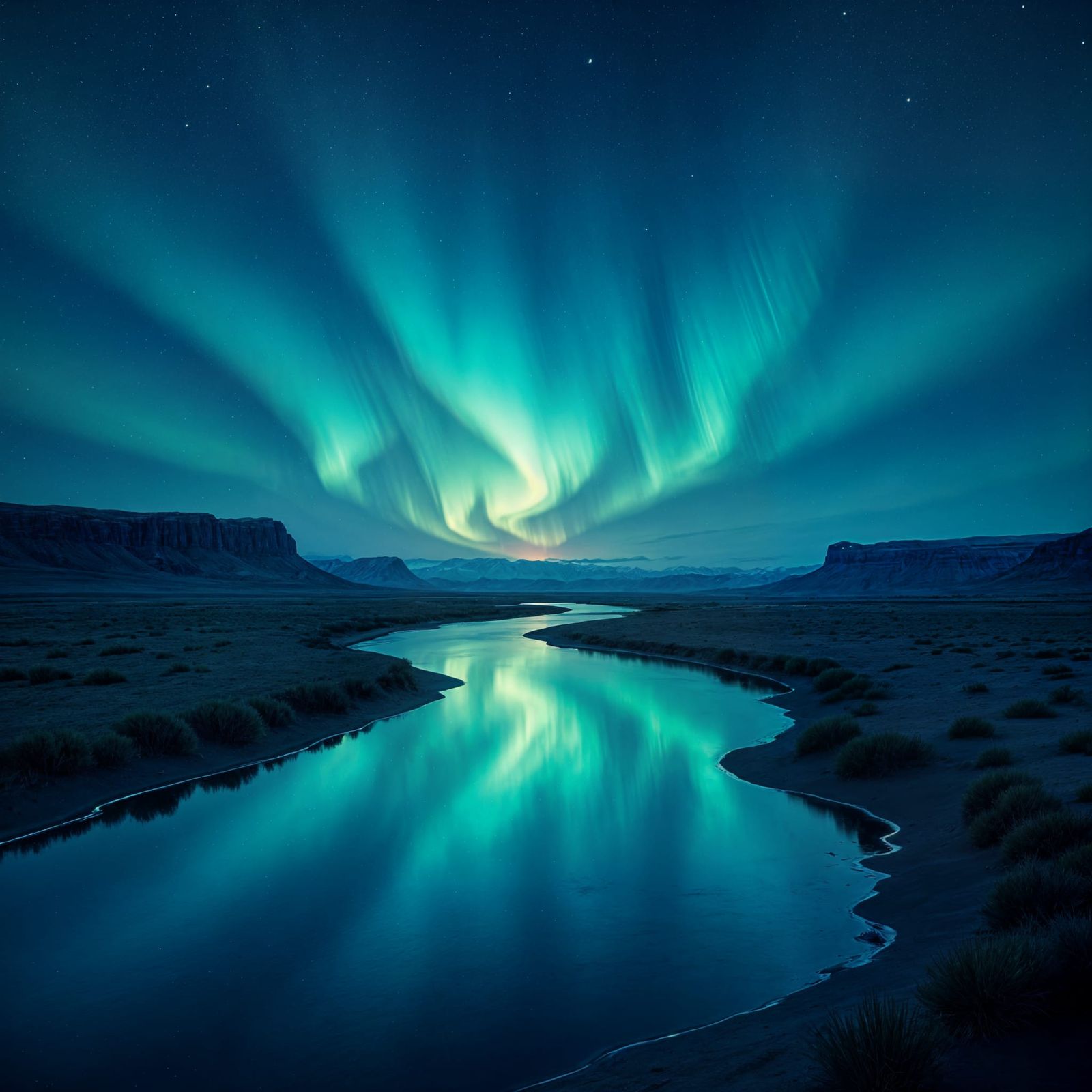 River Reflecting Aurora Lights In Desert Landscape