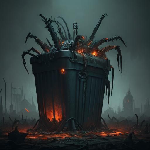 Biomechanical Horror: Rusted Trash Can Monster