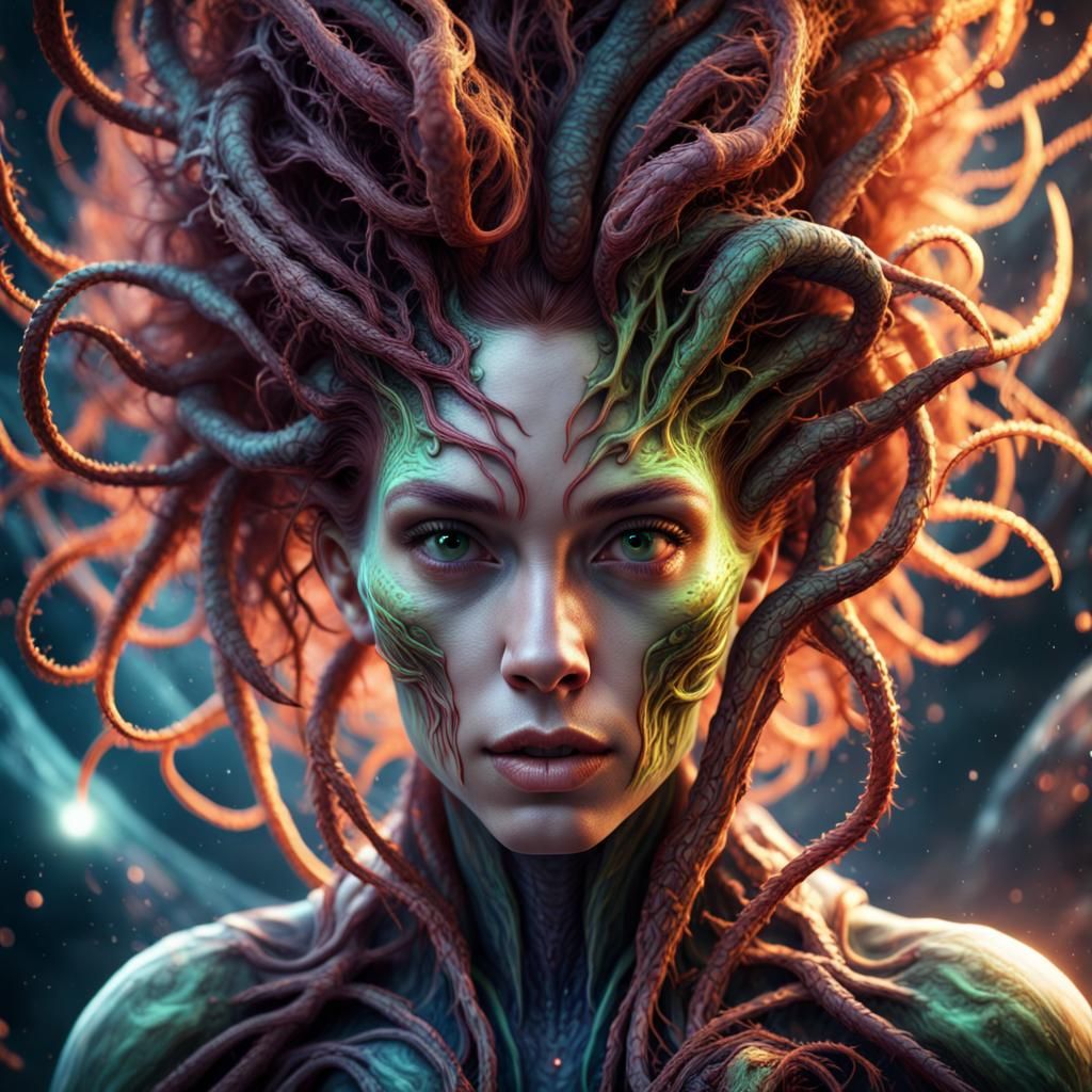 Cosmic Heroine Portrait with Tendril Hair