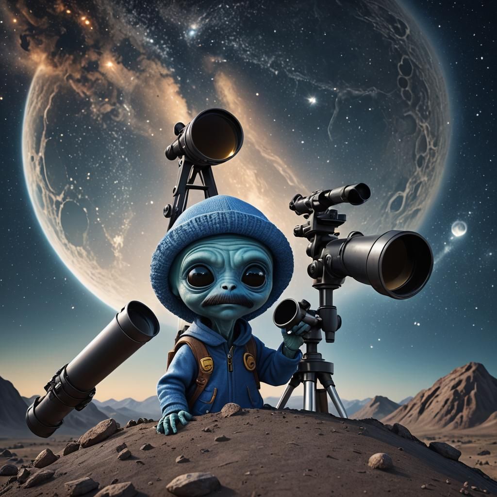 Hyperrealistic Alien with Telescope on the Moon
