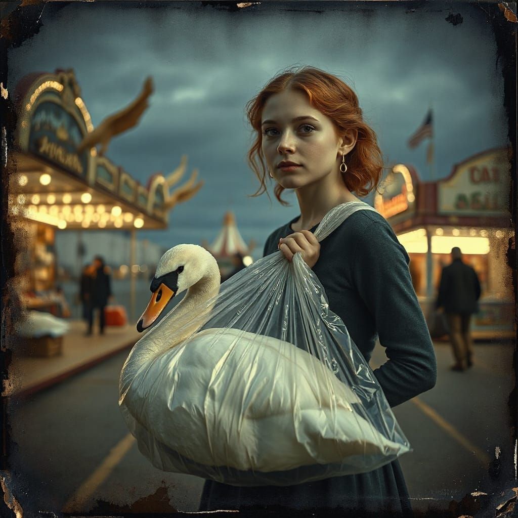Redhaired Woman with Swan in Tintype Style