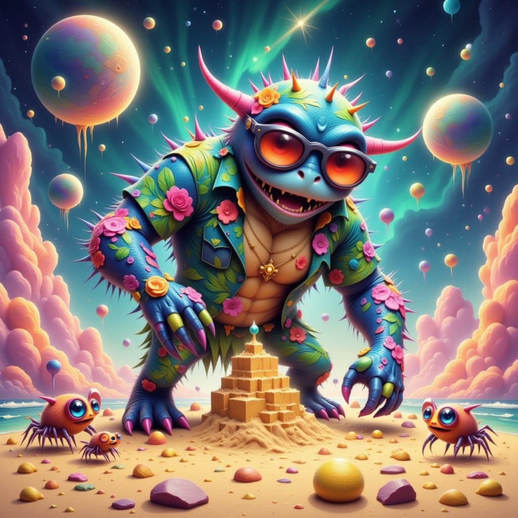 Friendly Alien Monster Builds Sandcastle on Moon Beach