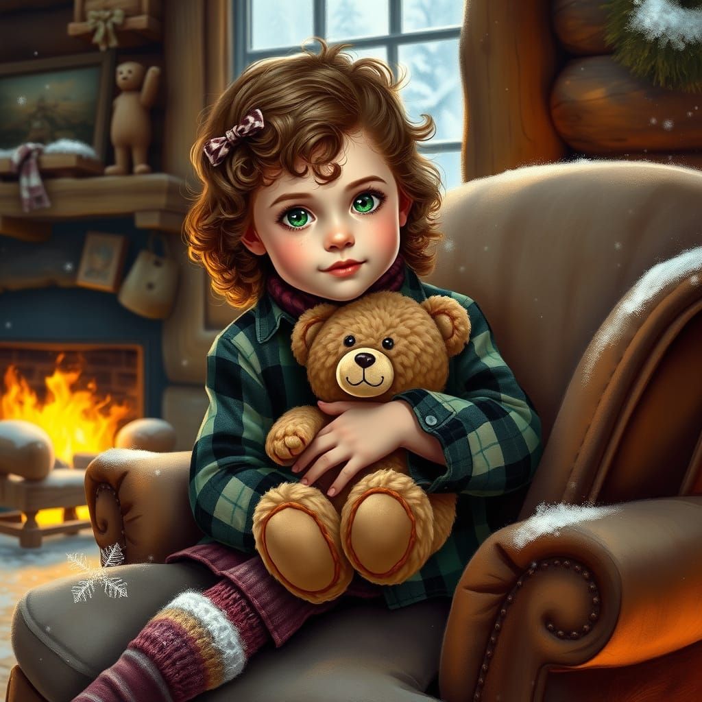 A Cozy Cabin Scene with a Girl and Her Teddy Bear