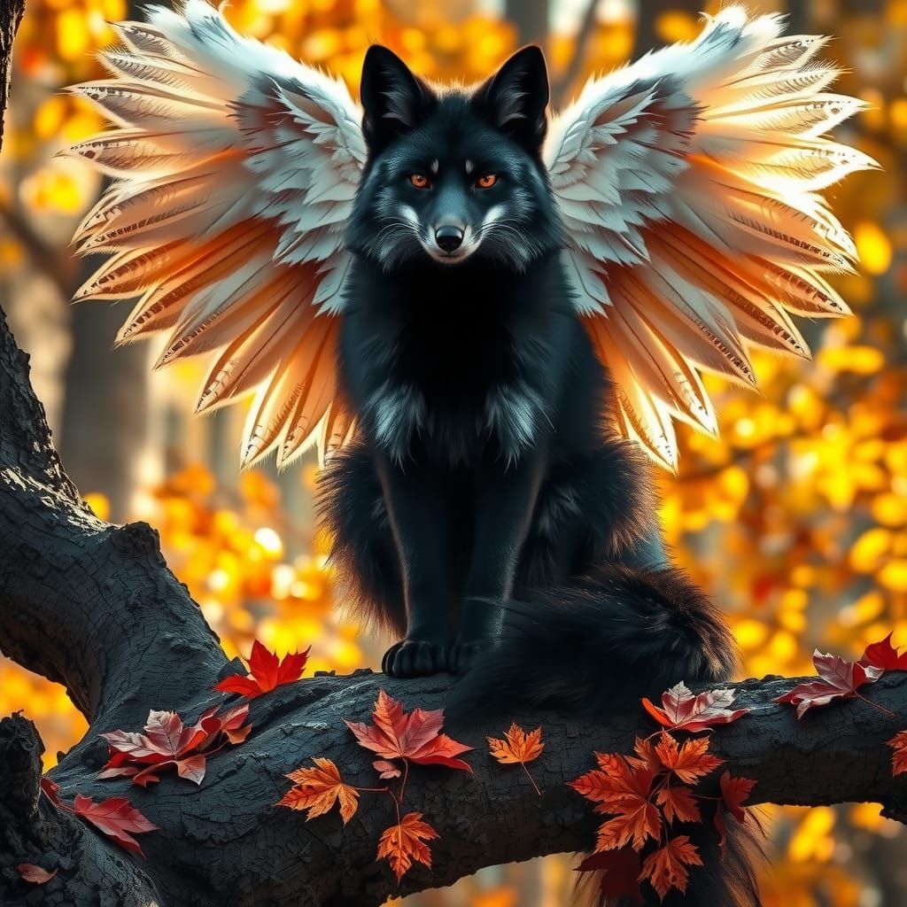 Winged Black Fox in Autumnal Scene