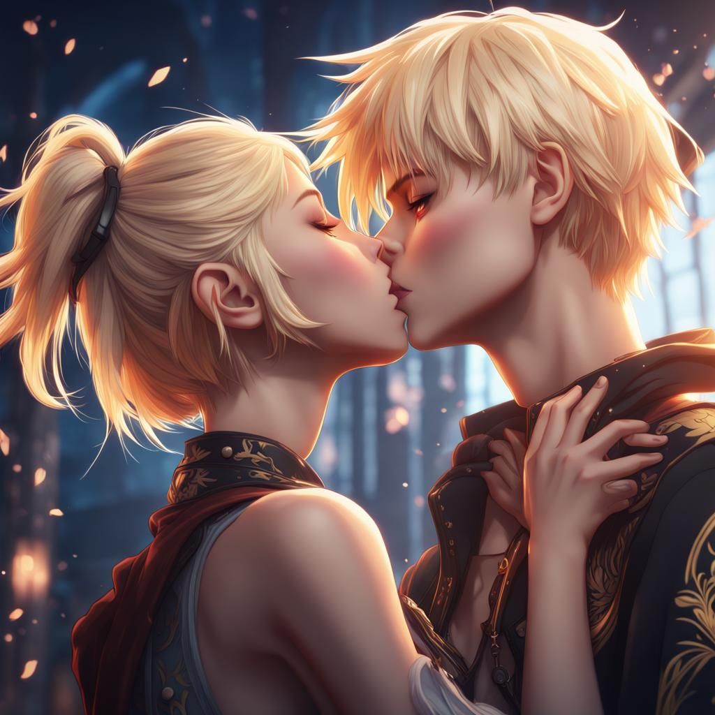 Anime Girl and Boy Kissing: Detailed Matte Painting