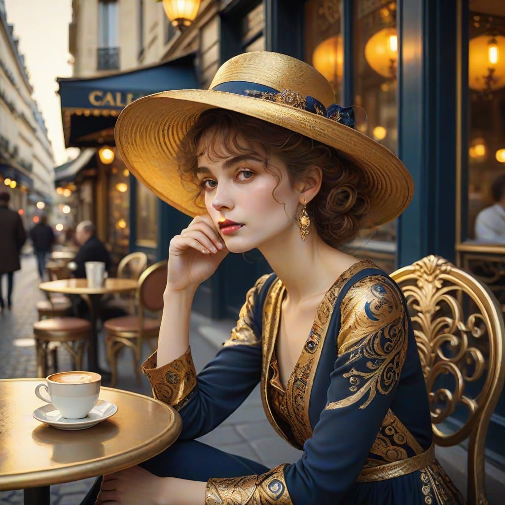 Elegant Lady in Golden Hour Parisian Café