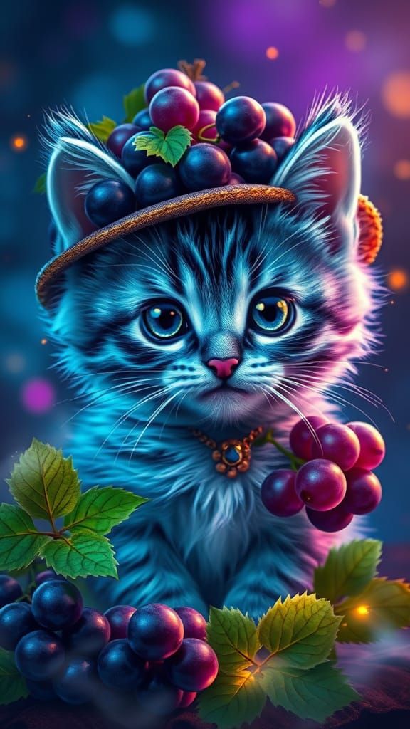 Majestic Kitten Surrounded by Grapes in Ethereal Whimsy