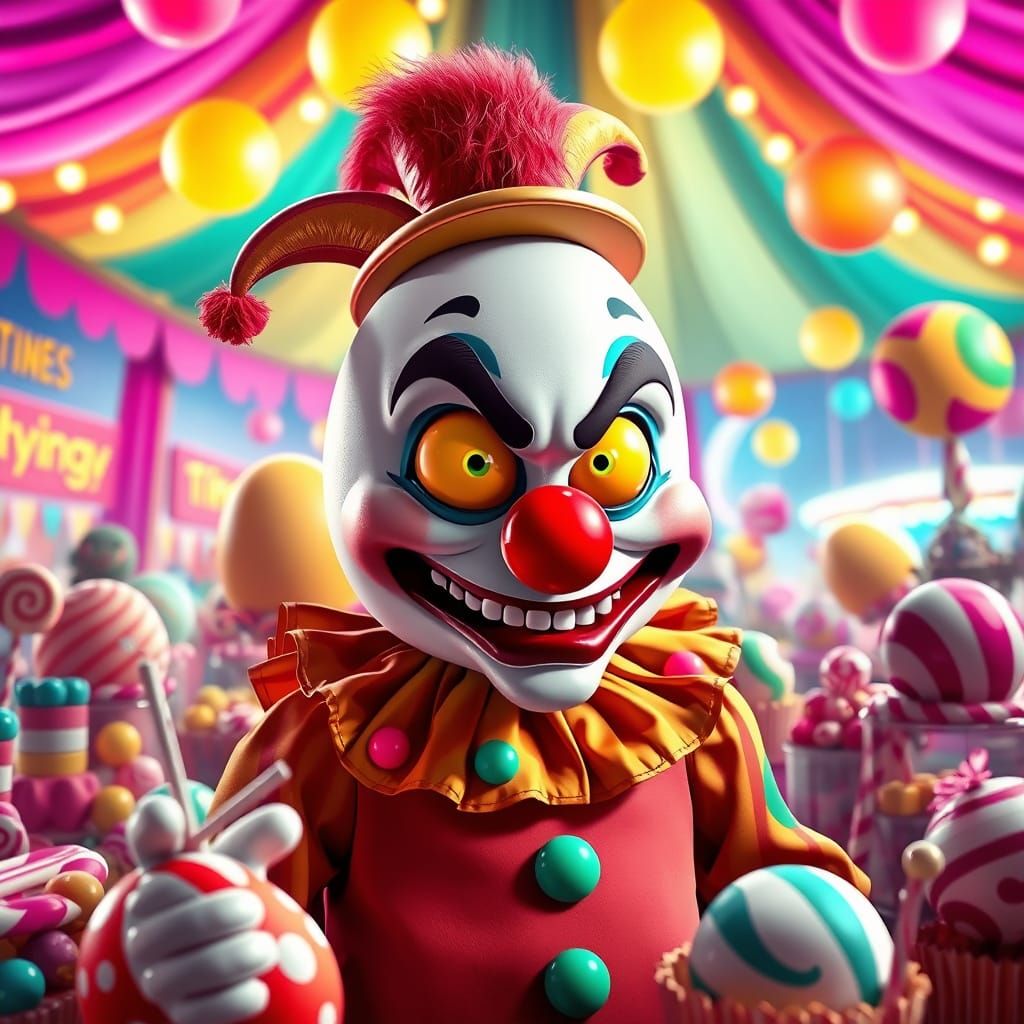 Whimsical Carnival Clown in Vibrant Candyland Art Style