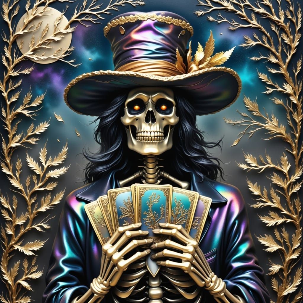 Victorian Skeleton Holds Tarot Cards Under Starry Night Sky