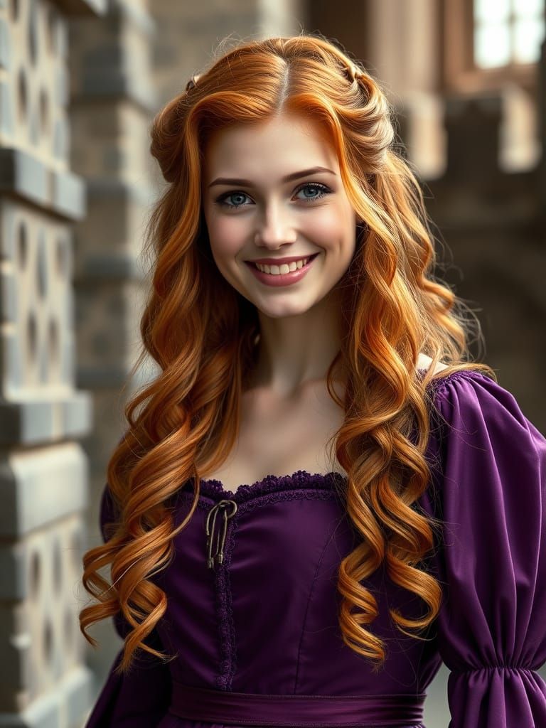 Medieval Princess in Royal Purple, Wearing a Warm Smile