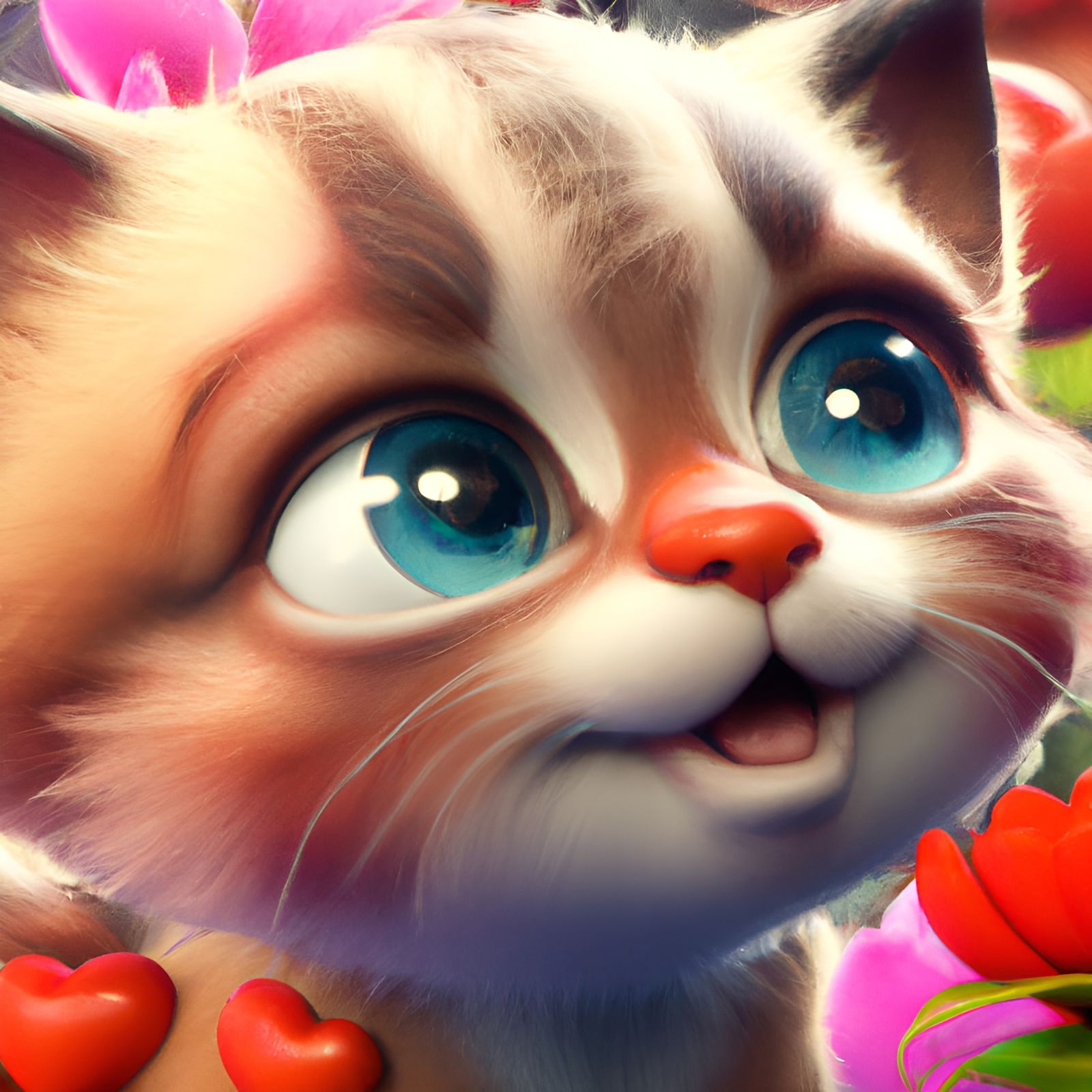 Adorable Kitten Surrounded by Hearts and Flowers