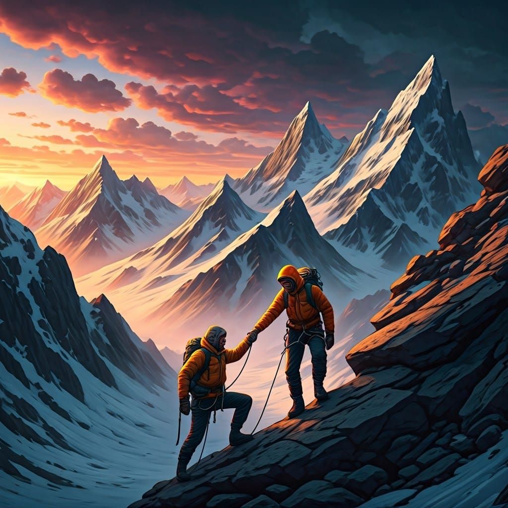Mountaineers Ascending a Snowy Mountain Range