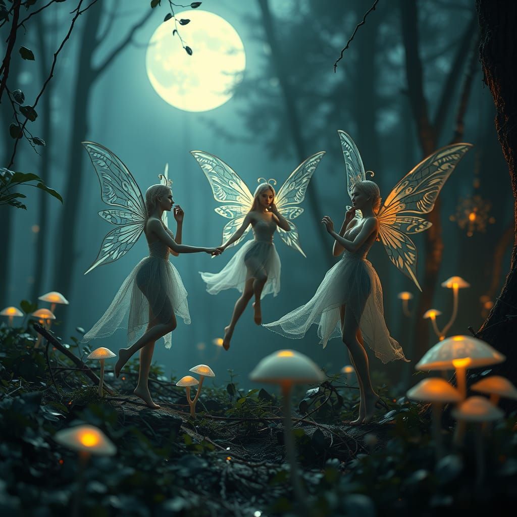 Fairies Dancing in Moonlit Forest, Fantasy Concept Art