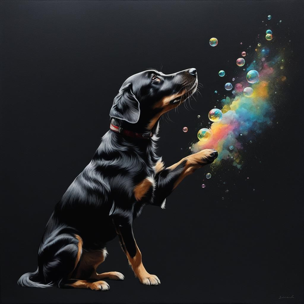 Luminous Dog Shakes in Dark Room: Watercolor Art