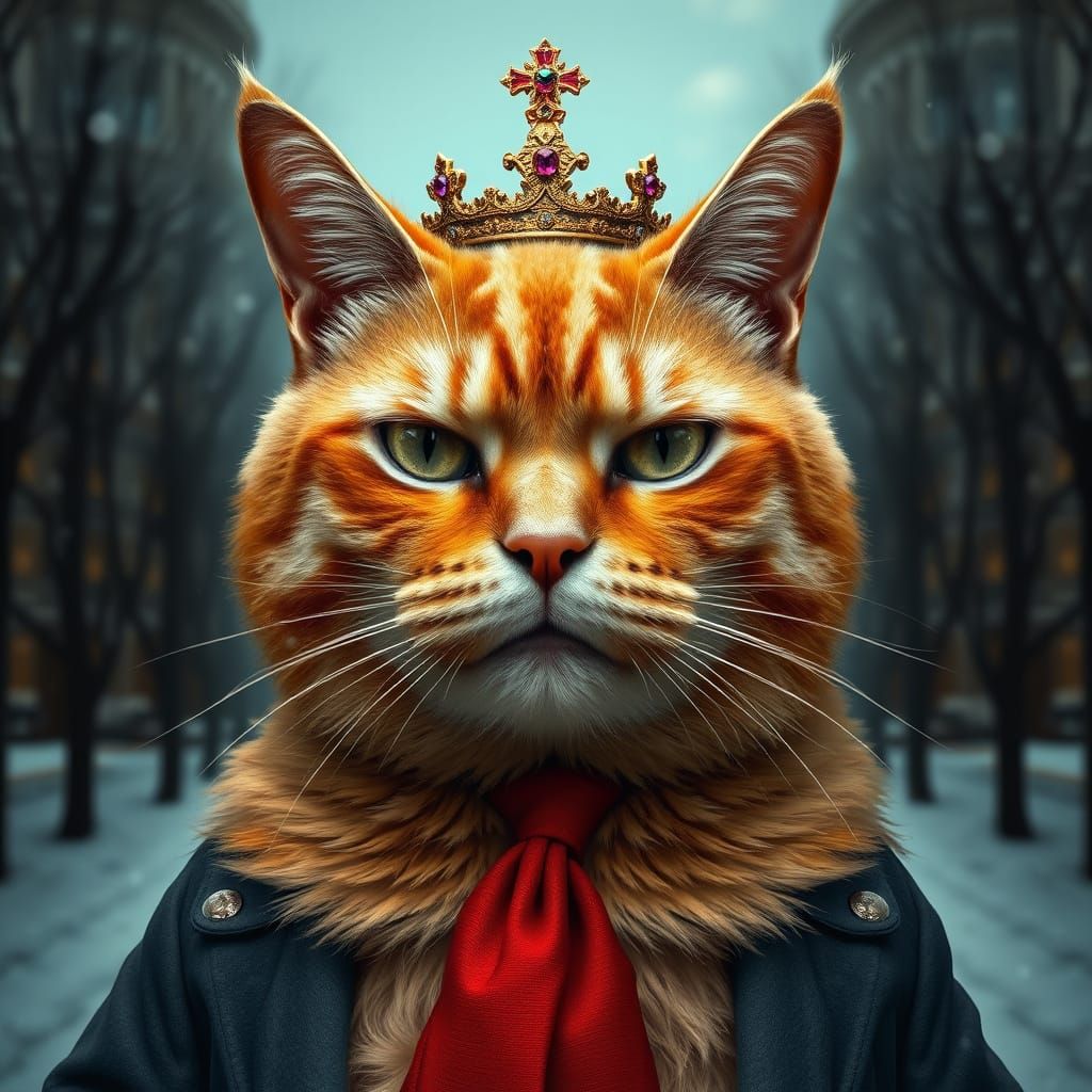 Surreal Regal Cat Wears Tattered Crown, Crimson Tie, and Exu...