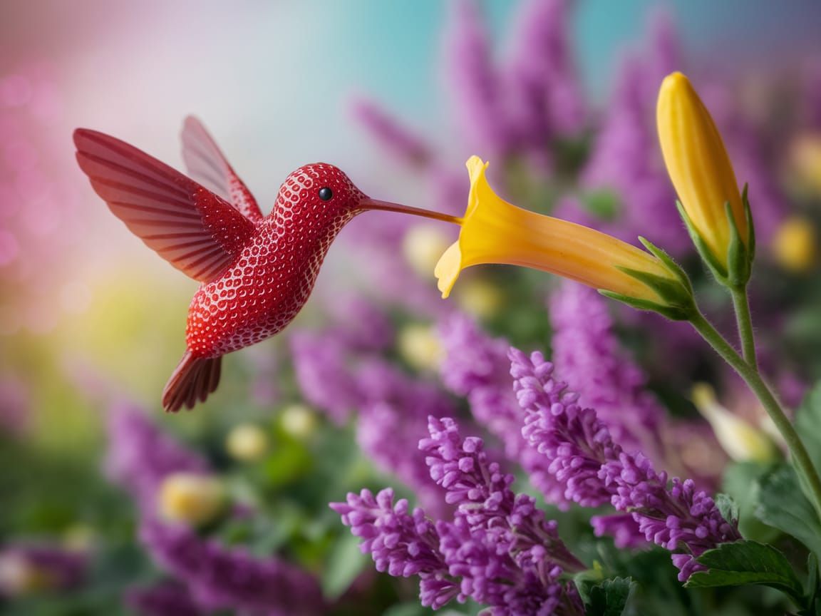 Surreal Strawberry Hummingbird in Vibrant Garden Scene