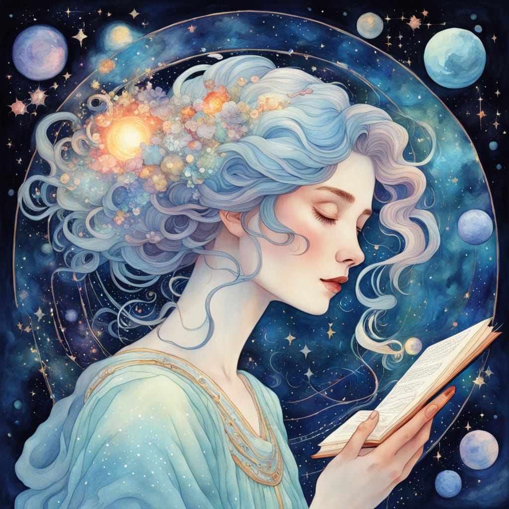 Celestial Librarian Transcribing Cosmic Secrets as Watercolo...