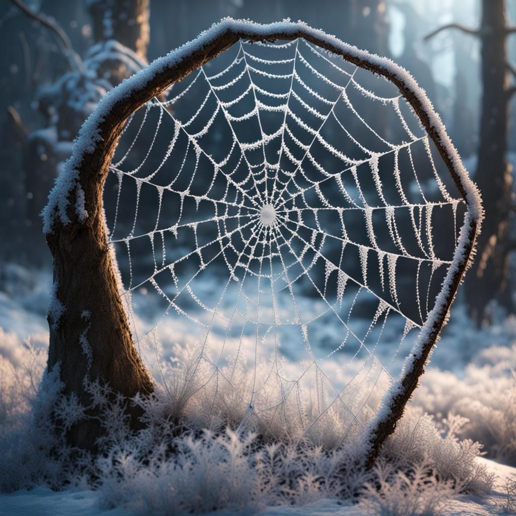 Hoarfrost Spiderweb: Detailed Matte Painting in Deep Color