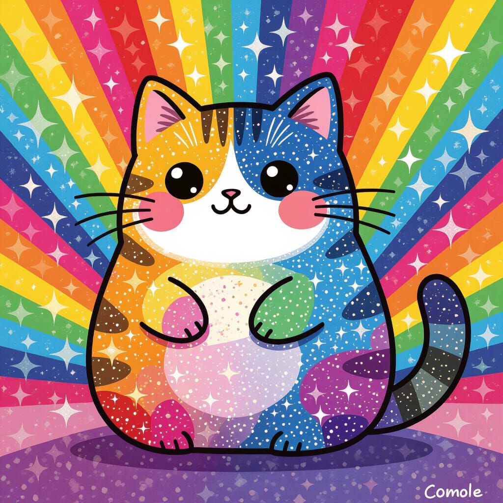 Rainbow Glitter Pusheen in Whimsical Digital Art Style