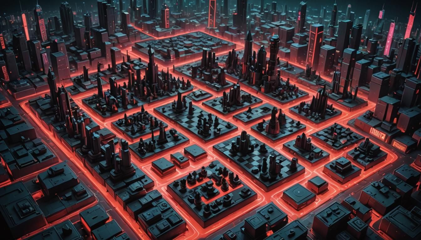 Cyberpunk Chessboard City Aerial View