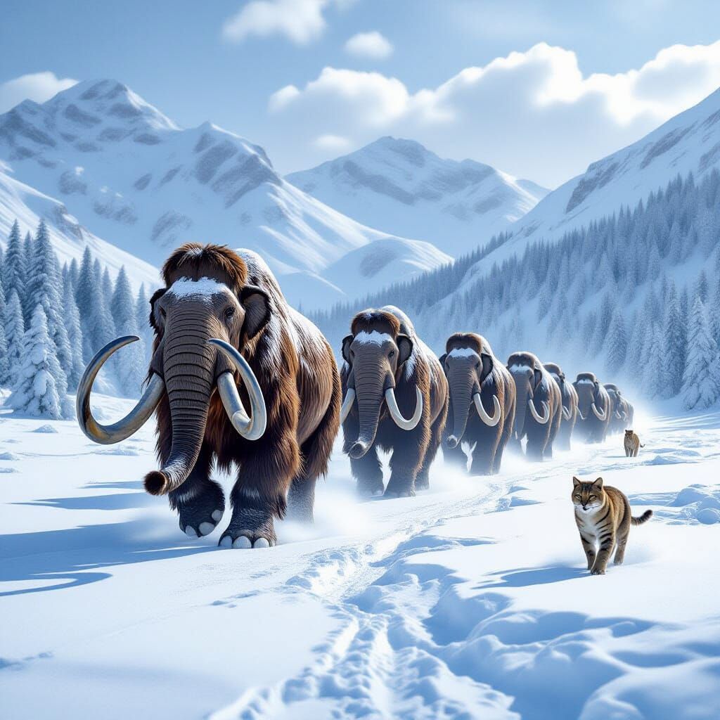 Majestic Mammoths on Snowy Plain in Dramatic Film Still