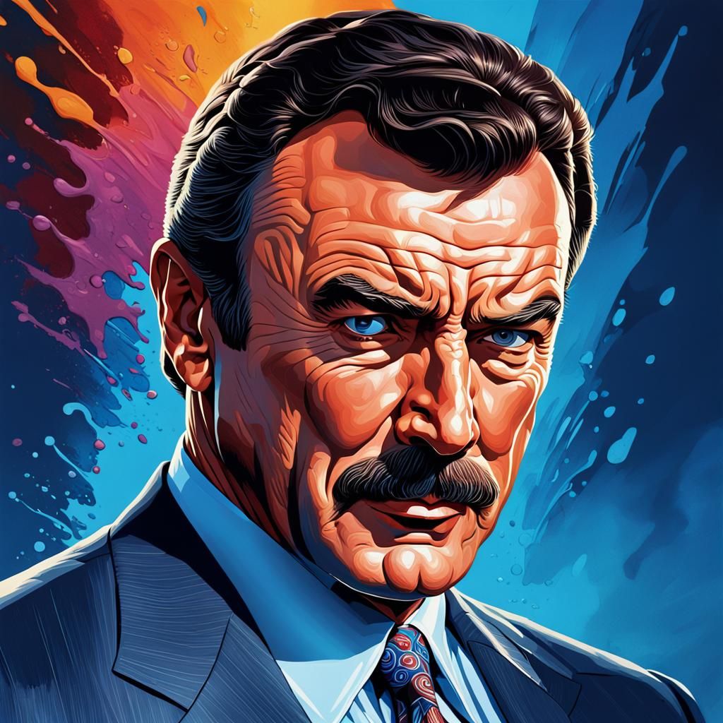 Hyperrealistic Portrait of Tom Selleck with Splash Art