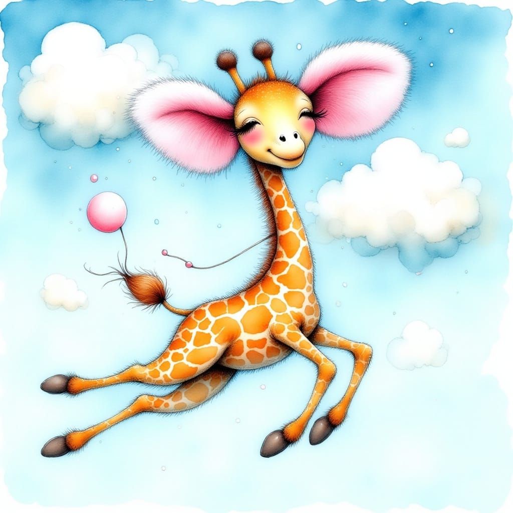 Whimsical Flying Giraffe in Vintage-Inspired Illustration St...
