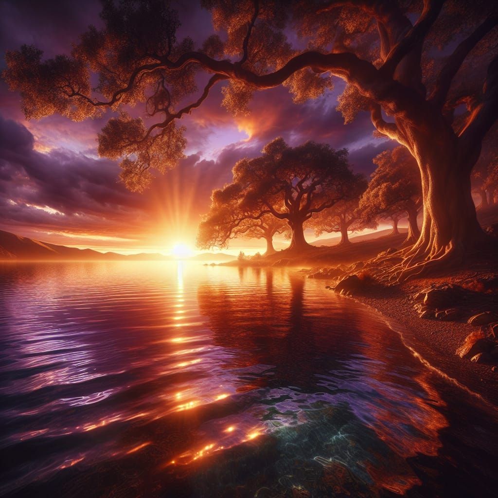 Sunset Lake: A Hyper-Realistic Digital Painting