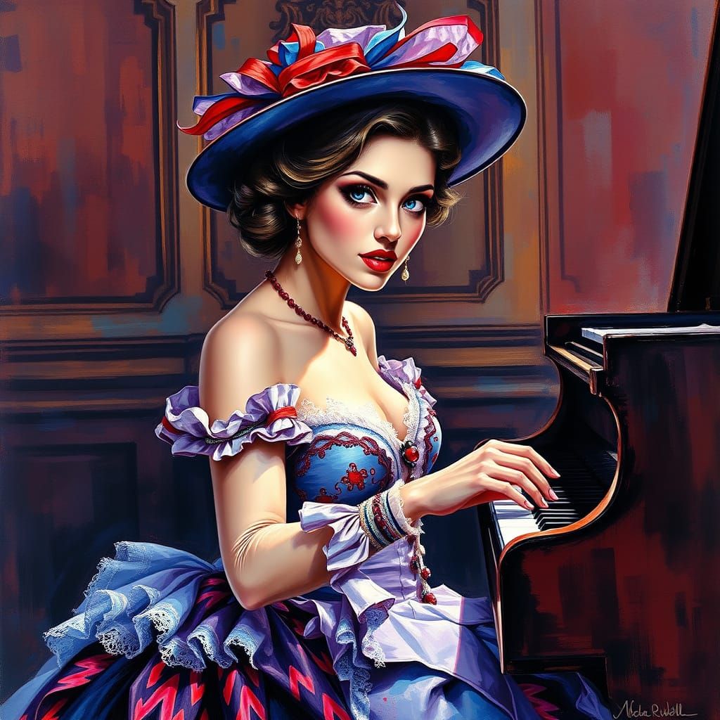 Victorian Beauty Plays Grand Piano in Expressive Gouache