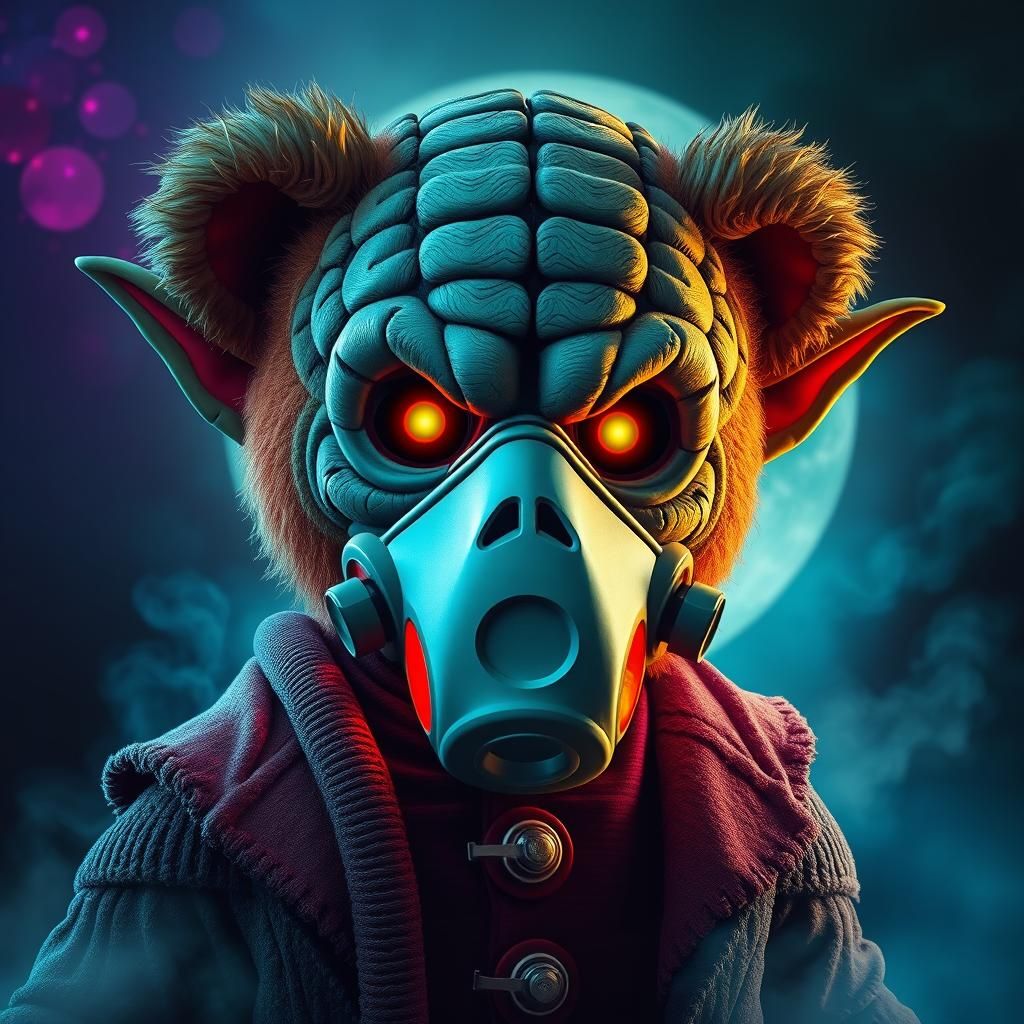 Surreal Teddy Bear Gas Mask in Dystopian Style