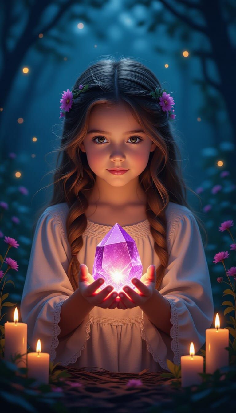 Enchanted Girl Holds Pulsing Crystal in Magical Clearing