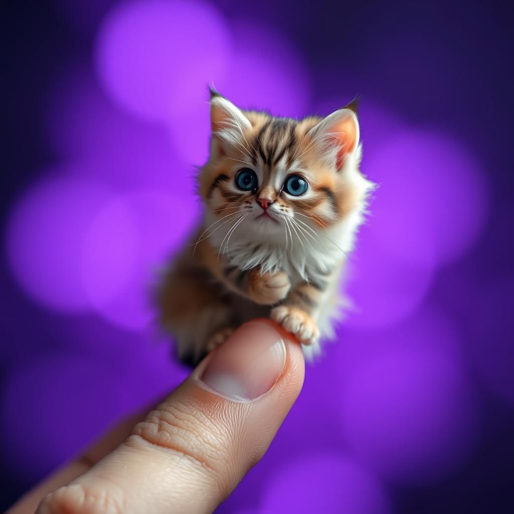 Miniature Fluffy Cat on Finger in Dreamy Light