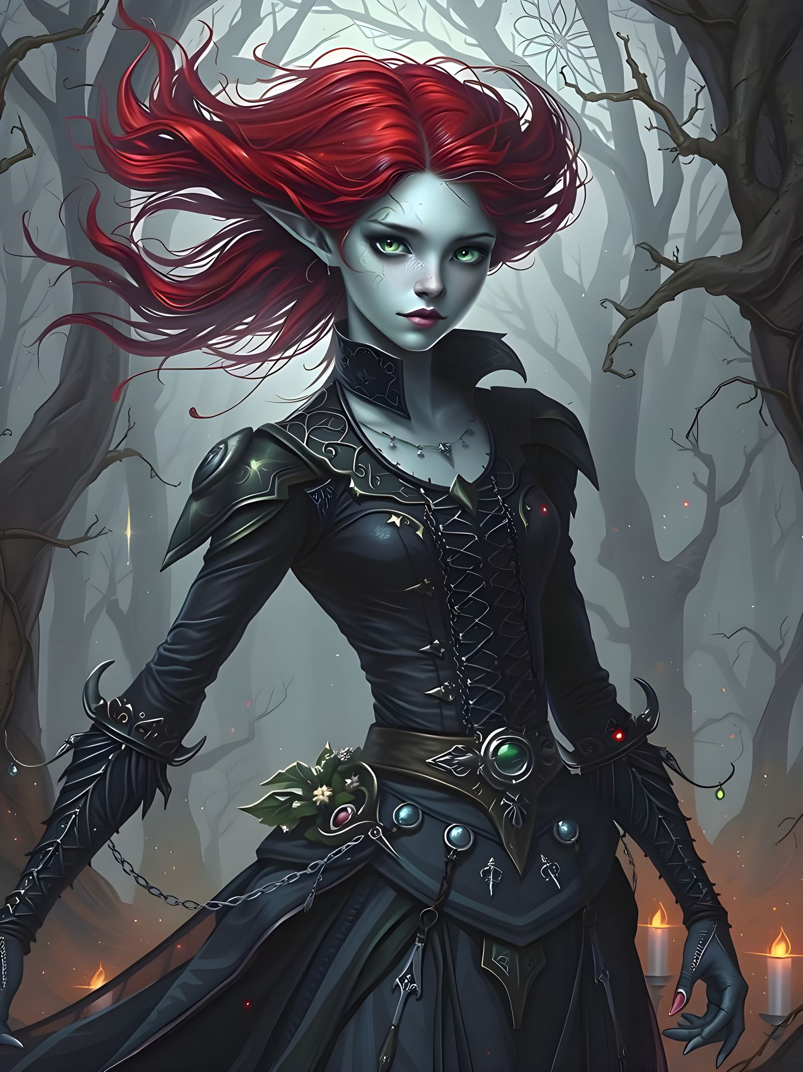 Fiery Pixie Woman in Whimsical Fey Atmosphere