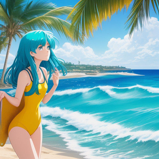 Young Woman Builds Sandcastle in Vibrant Anime Style