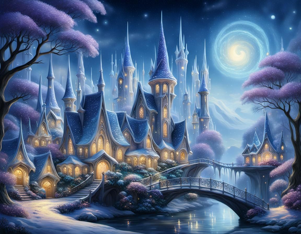 Whimsical Elven Village Under Starry Night Sky