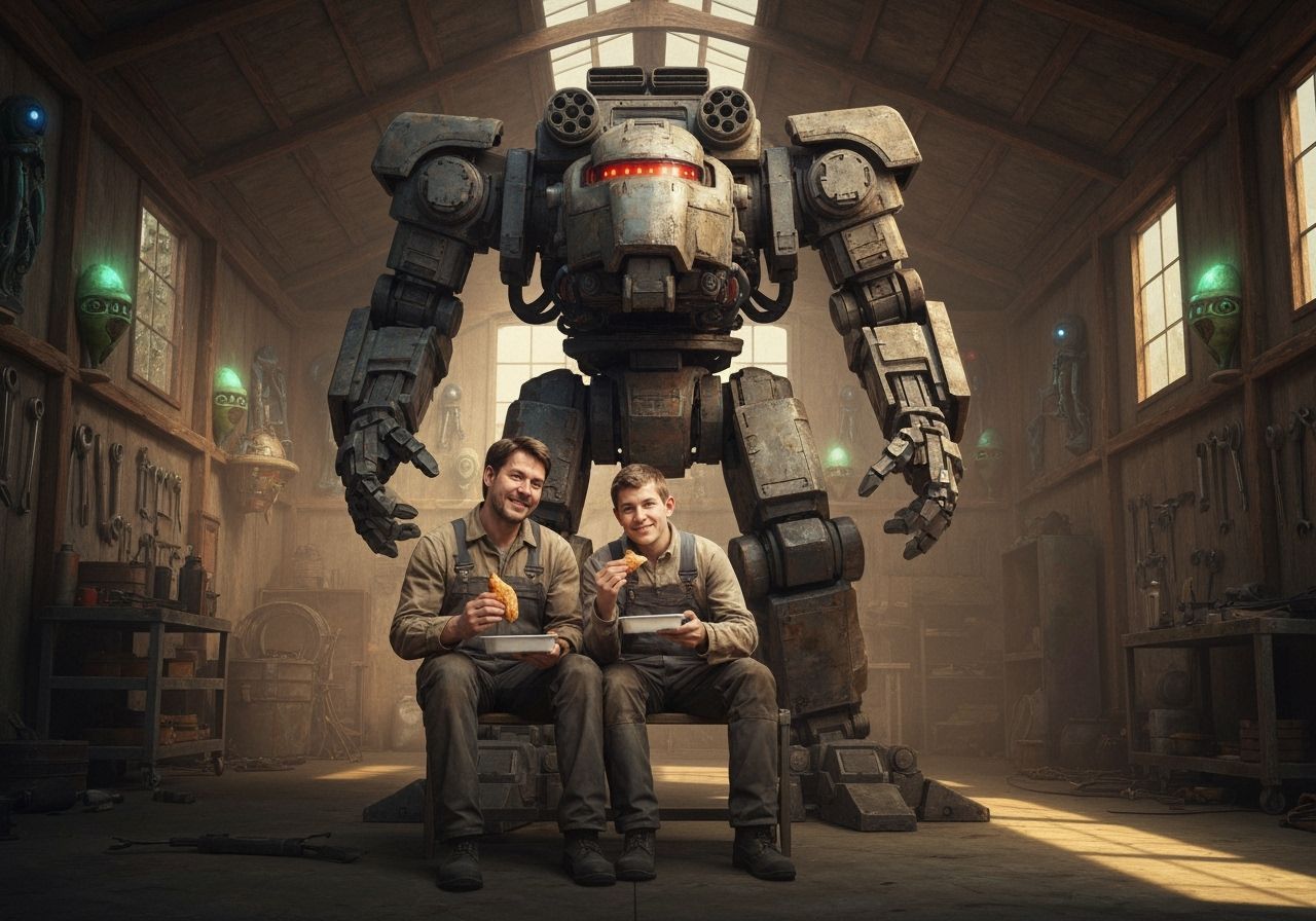 Father Mechanic and Child Lunch Break with Giant Mech