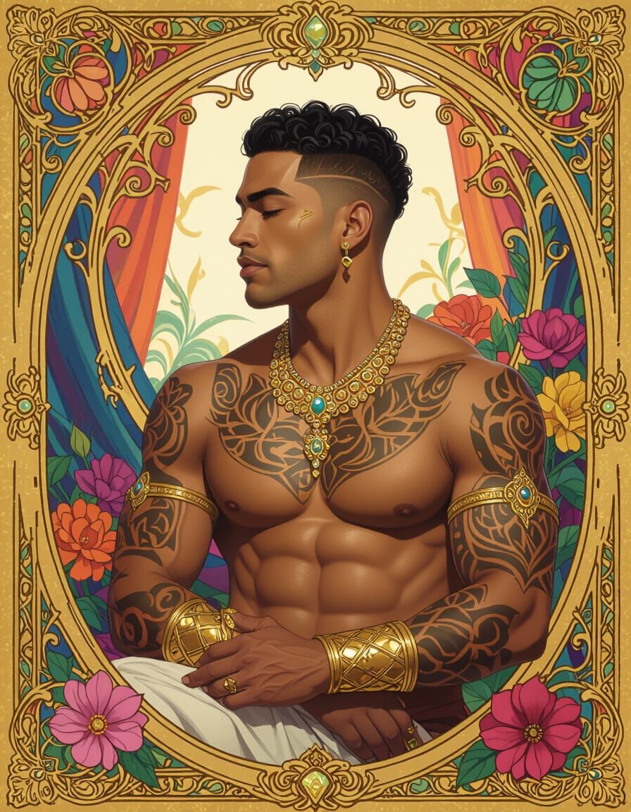 Serene Golden Warrior in Ornate Frame