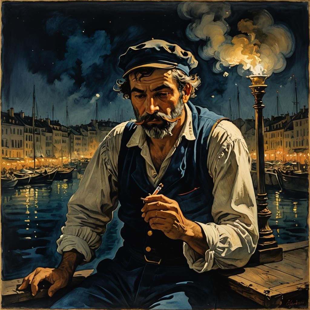 Sailor Lost in Smoky Parisian Harbour at Night